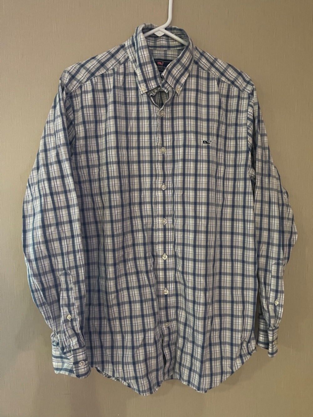 Vineyard Vines large slim fit whale shirt White Blue Plaid Button-Down Shirt
